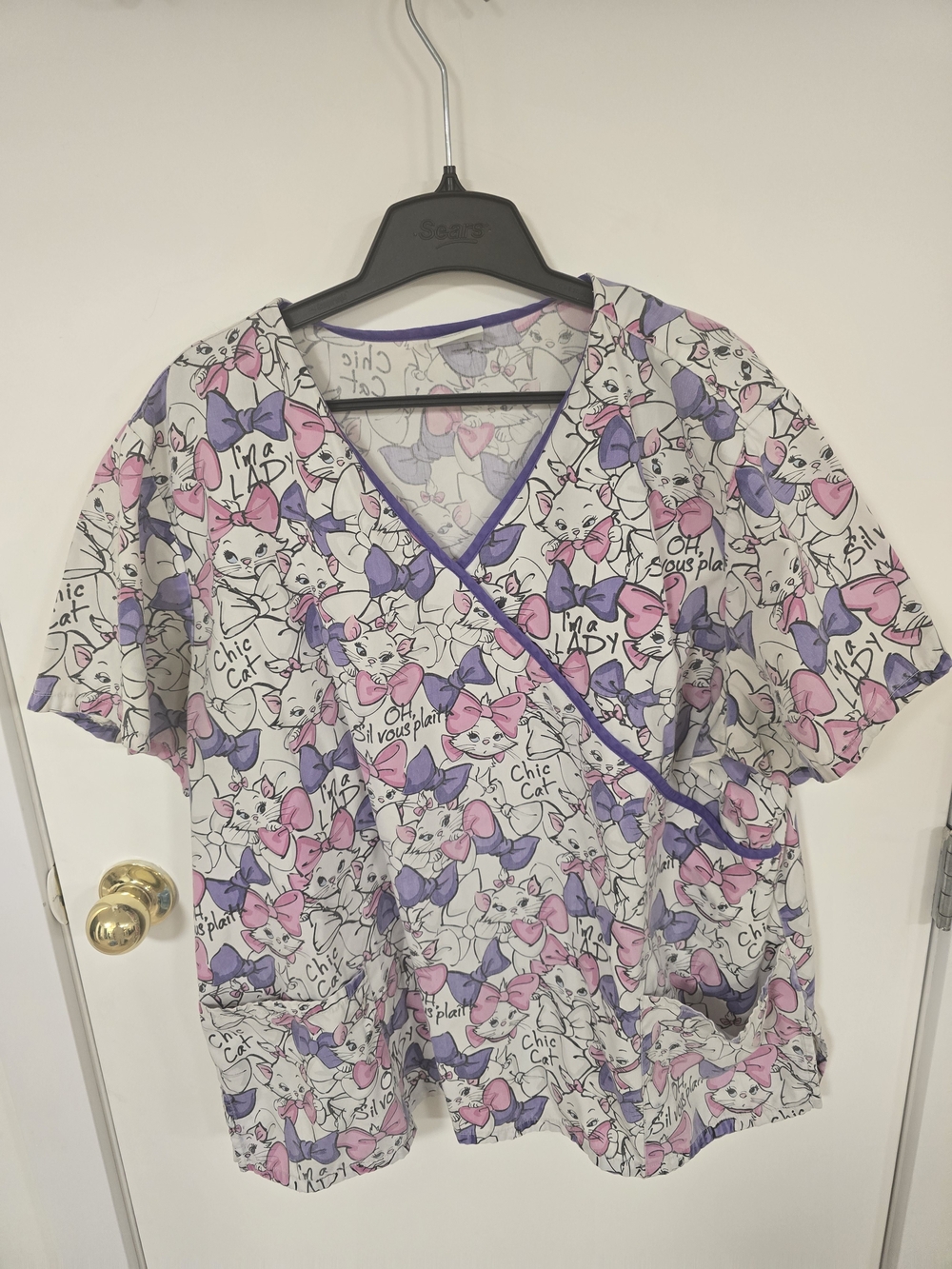 Disney Women’s Scrub Top - Pink & Purple Cat Print